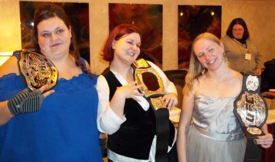 The women of Clan Brujah with 'the Belts' at Midwinter Ball 2011. From left to right, Thea Carlisle, Katja Nothing-Llandryn, and Anya.